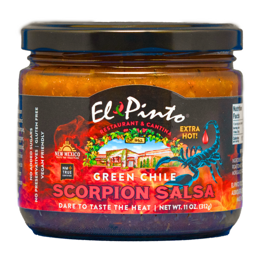 SCORPION SALSA, SCORPION GREEN CHILE SALSA, EL PINTO, 11 OZ